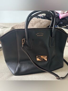 Valentino Black Leather Shoulder Tote with Gold Hardware
